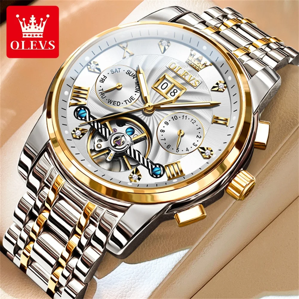 

OLEVS 9910 New Automatic Man Watch Luxury Original Skeleton Flywheel Auto Date Month Week Business Men's Mechanical Wristwatch