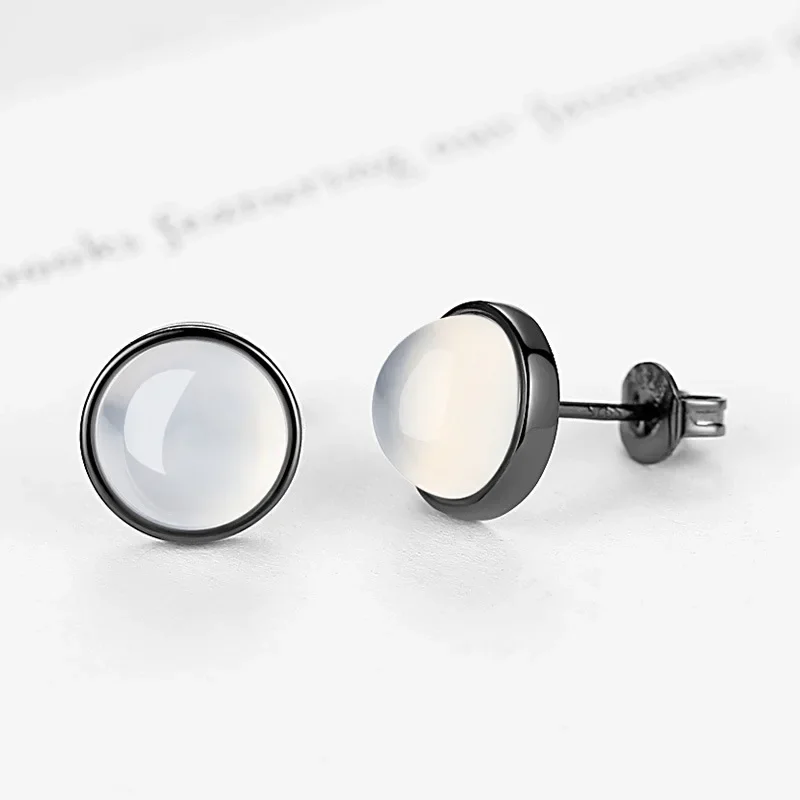 Women's Fashion Tiny Stud Earrings Simple Style Transparent Moonstone Black Copper Small Round Ear Piercing Jewelry Best Gifts