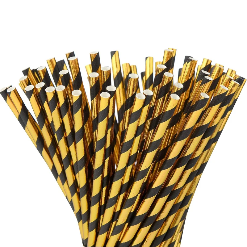 Black Gold Paper Straws, Pack of 100 Biodegradable Metallic Oil Gold Striped Disposable Straws for Birthday, Wedding,Baby Shower