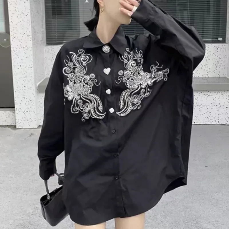 Exquisite Button Blusa Beads Diamonds Shirts Blouses 2024 Autumn New Woman Blusas Loose Casual Ropa Mujer Long Sleeve Camisas