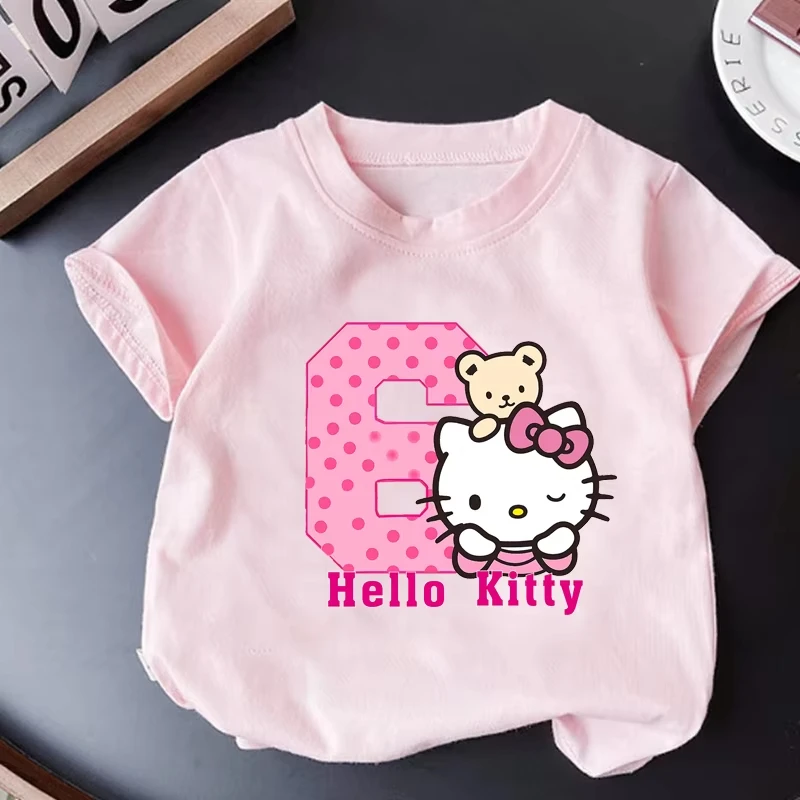 Sanrio New Fun Digital Hello Kitty Print 100%Cotton Children T-shirt Summer Daily Outdoor Sports Party Casual Loose Short-sleeve
