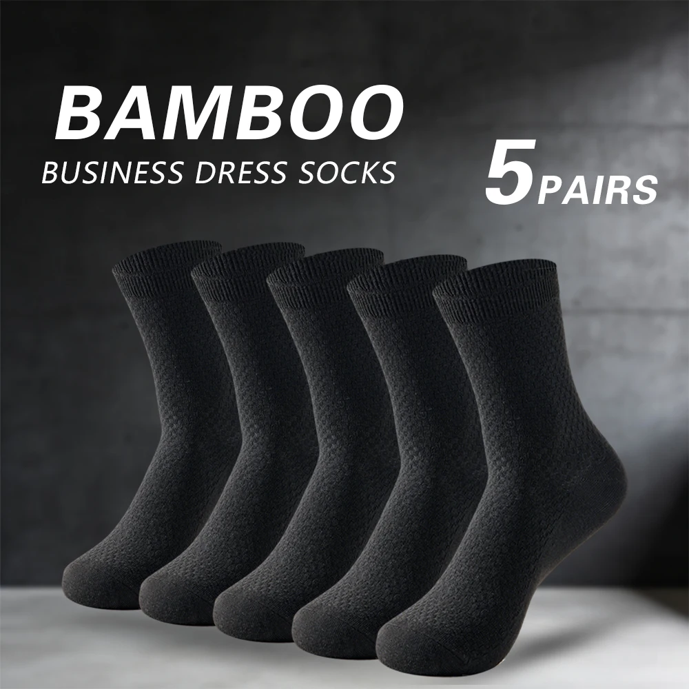 5 Paris Men's Bamboo Fiber Plaid Mid-Calf Socks Business Casual All Season Black Formal Wedding Dress Long Socks Man Gift Size