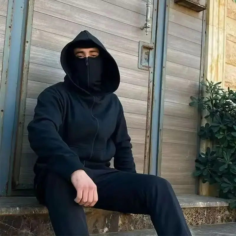 

2025 Autumn/Winter New Men Casual Sports Double Hat Face Mask Design Fashionable Loose Outdoor Cycling Windproof Warm Hoodie