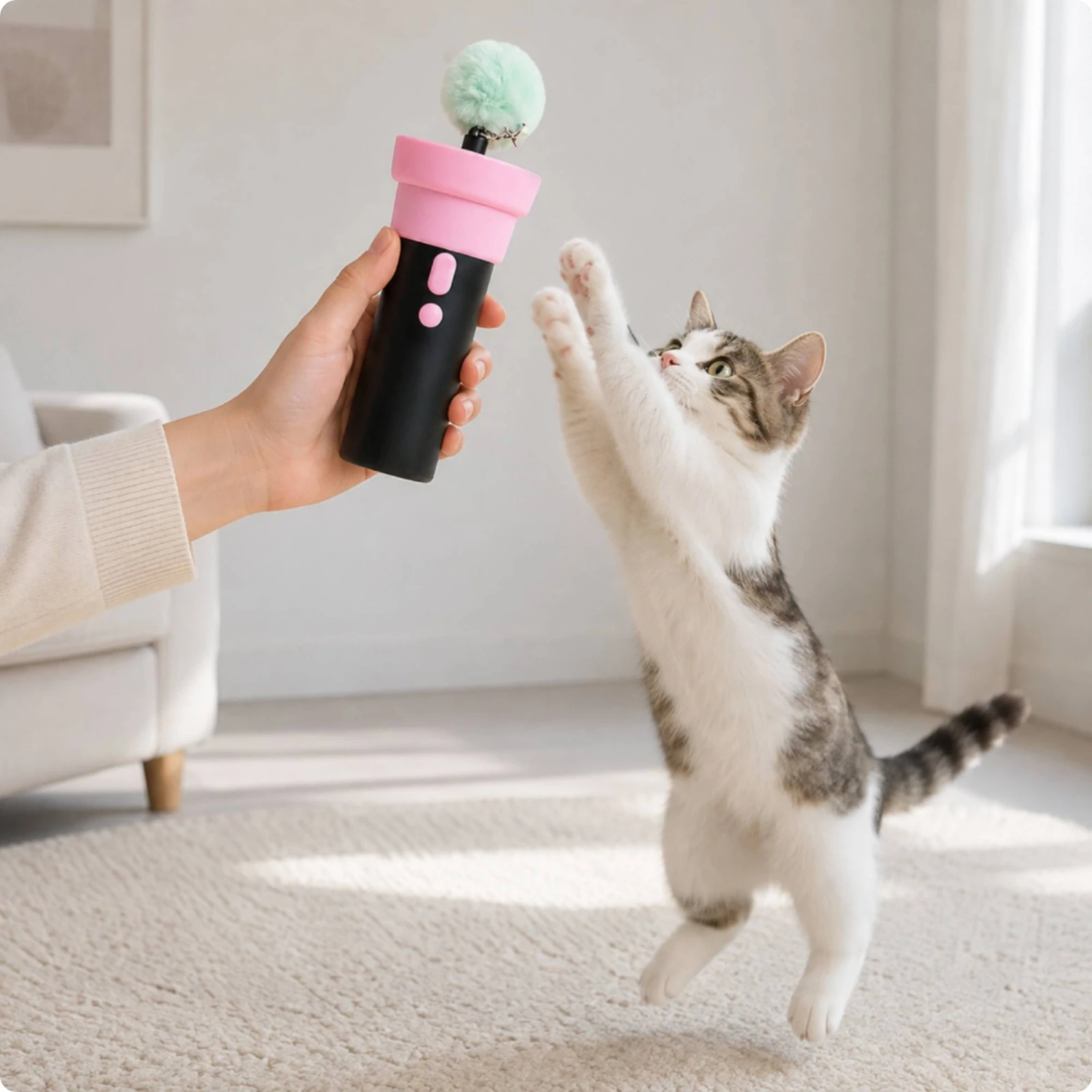 Handheld Cat Teaser Launcher Easy to Operate Cat Teaser Launcher with Replacement Heads Cordless Compact for Pet Owners