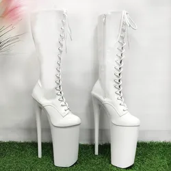 Crossdress Women Shoes Mid-Calf Strip Open Toe Pole Dance 26cm Thigh High Boots White Exotic Platform Round Toe Gothic Catwalk