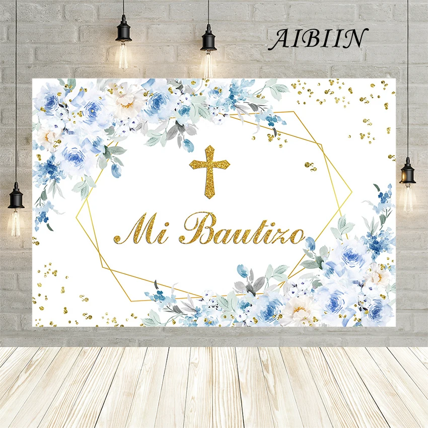 AIBIIN My Bautizo Backdrop Decorations Baptism First Communion Floral Confirmation Photography Background Decoration