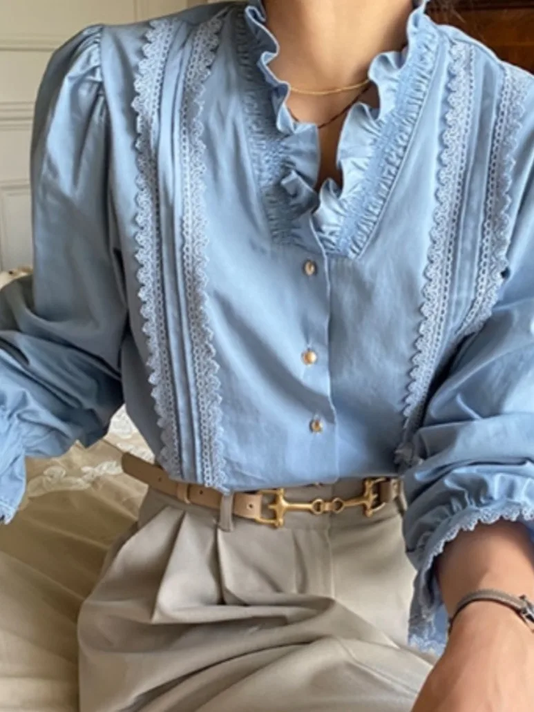 

Ele Vintage Spring Long Sve Loose Women's irt V-Ne Splice Lace Trim Chic Versatile Faionable Chinese Brand