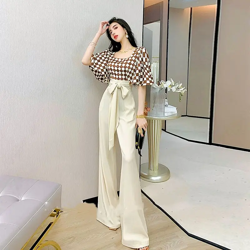 

Design sense fashionable temperament jumpsuit 2023 summer short sleeve plaid square neck shirt wide leg pants jumpsuit female