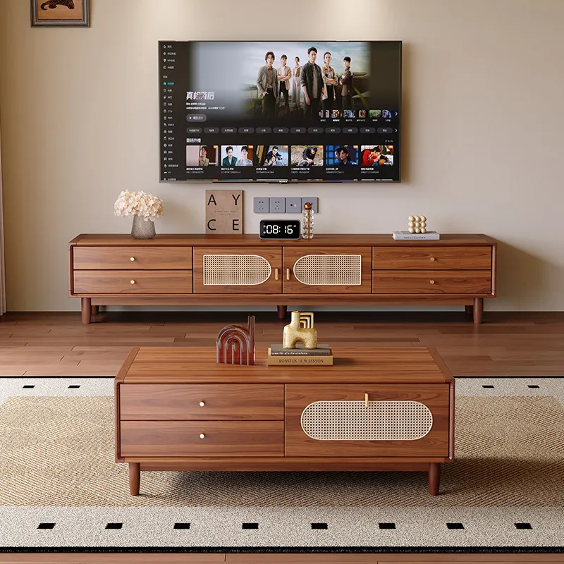 Solid Wood Frame Storage Cabinet Coffee Table Living Room TV Cabinet Retro Rattan 2026 New Home Side Cabinet for Apartment