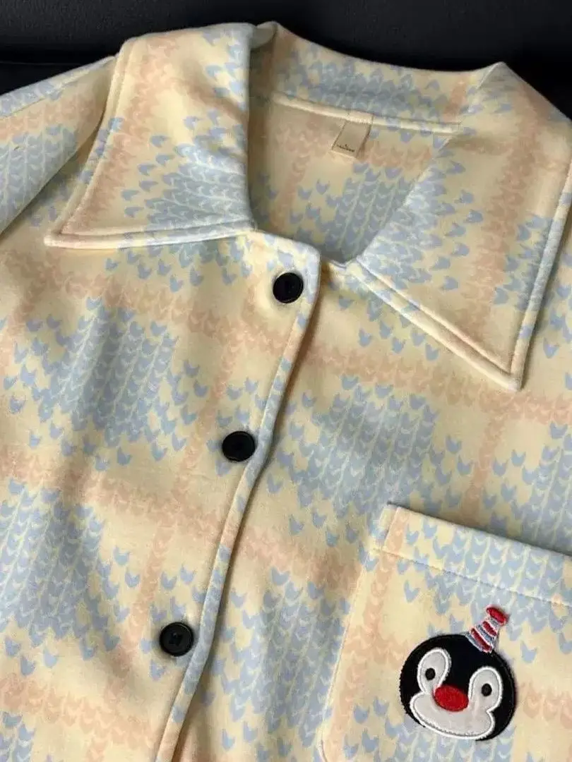 

Комплект домашней одежды больших размеров с принтом пингвинов: теплый, с длинным рукавом, из смесового полиэстера, удобный, для женщин, зимний