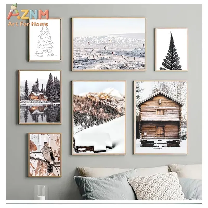 Single Neutral Winter Mountain Canvas Wall Art Snow Cabin Pine Tree Bird Nature Wall Prints Living Room Bedroom Home Decor Post
