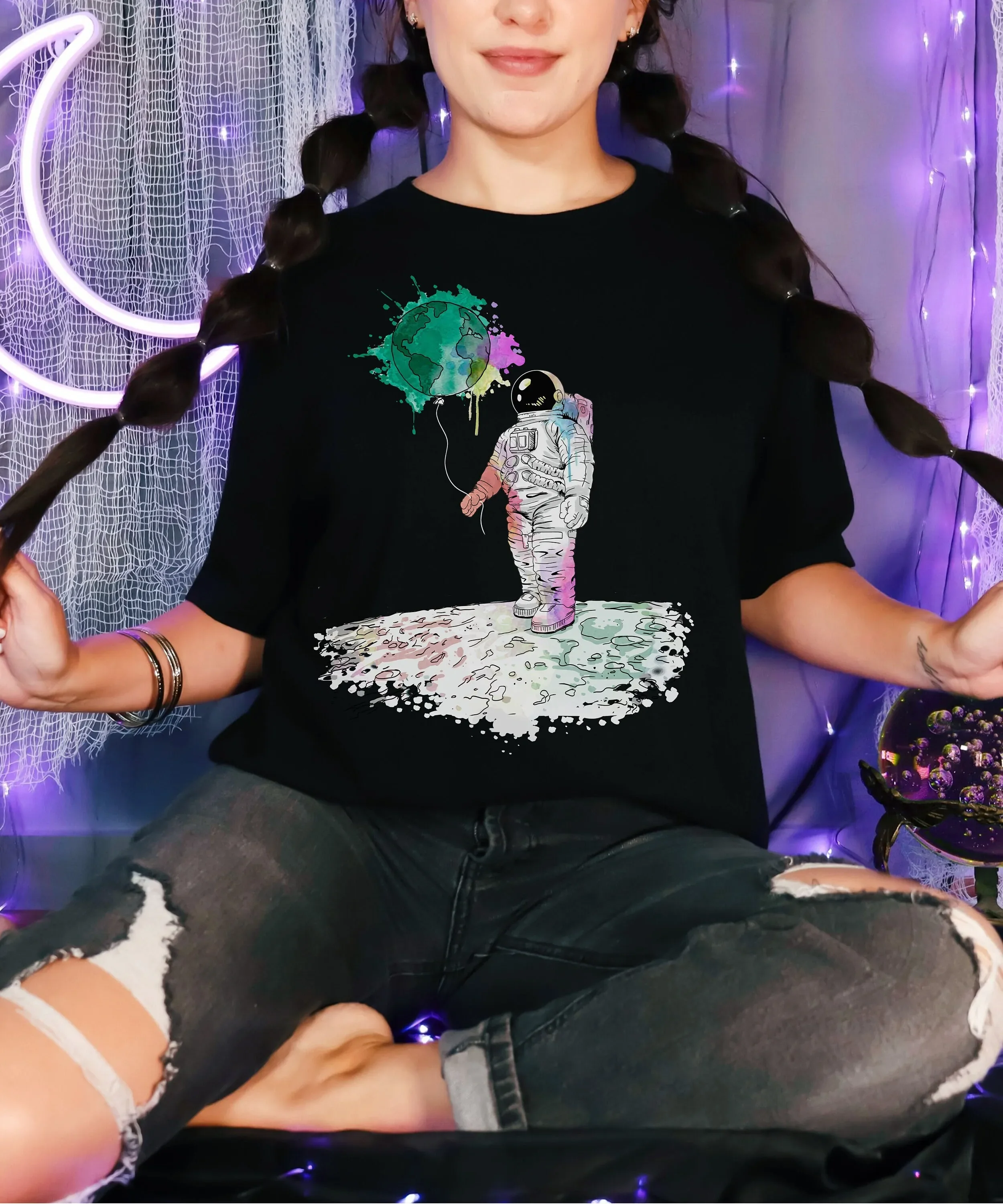 تي شيرت بالون الأرض لرائد الفضاء، ملابس الفضاء الخارجي، ملابس العشاق، الفن الجمالي، علم الفلك، حفلة عيد الميلاد #1