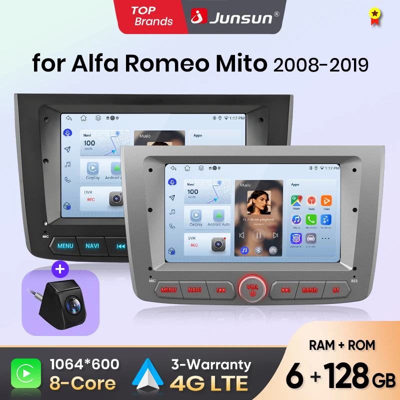 Radio de Auto Junsun de 7 Pulgadas con CarPlay Inalámbrico y Android Auto para Alfa Romeo Mito 2008 2009 2010 2011 2012, GPS, Estéreo, Multimedia Inteligente