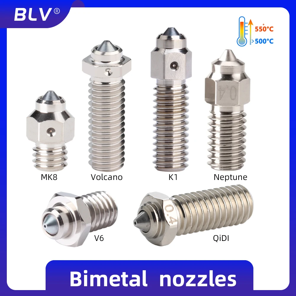 

BLV® Bimetal Nozzle DLC Hardened Steel Copper Plated Wear Resistant For V6 Volcano MK8 Neptune 4 K1 Ender 3 3D Printer Hotend