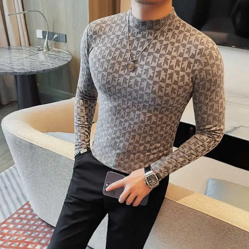 Printed Semi Turtleneck Elastic T-shirt For Men Clothing Autumn New Long Sleeves Jacquard Tight-Fitting Solid Color Slim-fit Tee