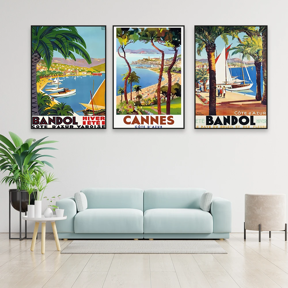 Cannes Cote d'Azur France Travel Poster Bandol Cote d'Azur Vintage Canvas Painting L'ete Sur la Cote d'Azur Art Office Decor