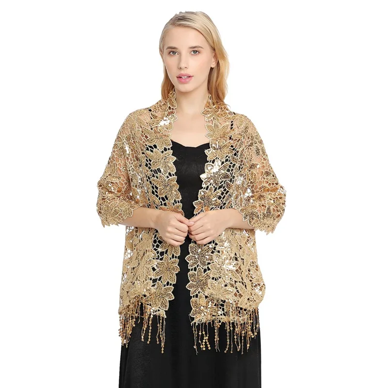 

Spring Autumn Elegant Sequins Tassel Cape Party Evening Dress Shawl Bride Bridesmaid Women Sequins Cloak Ponchos Khaki