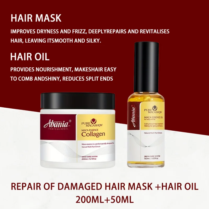 Duo para el cabello con aceite de argán prensado en frío y colágeno de Abania: mascarilla reparadora profunda + suero sin peso para cabello seco/danificado, 200 ml y 50 ml