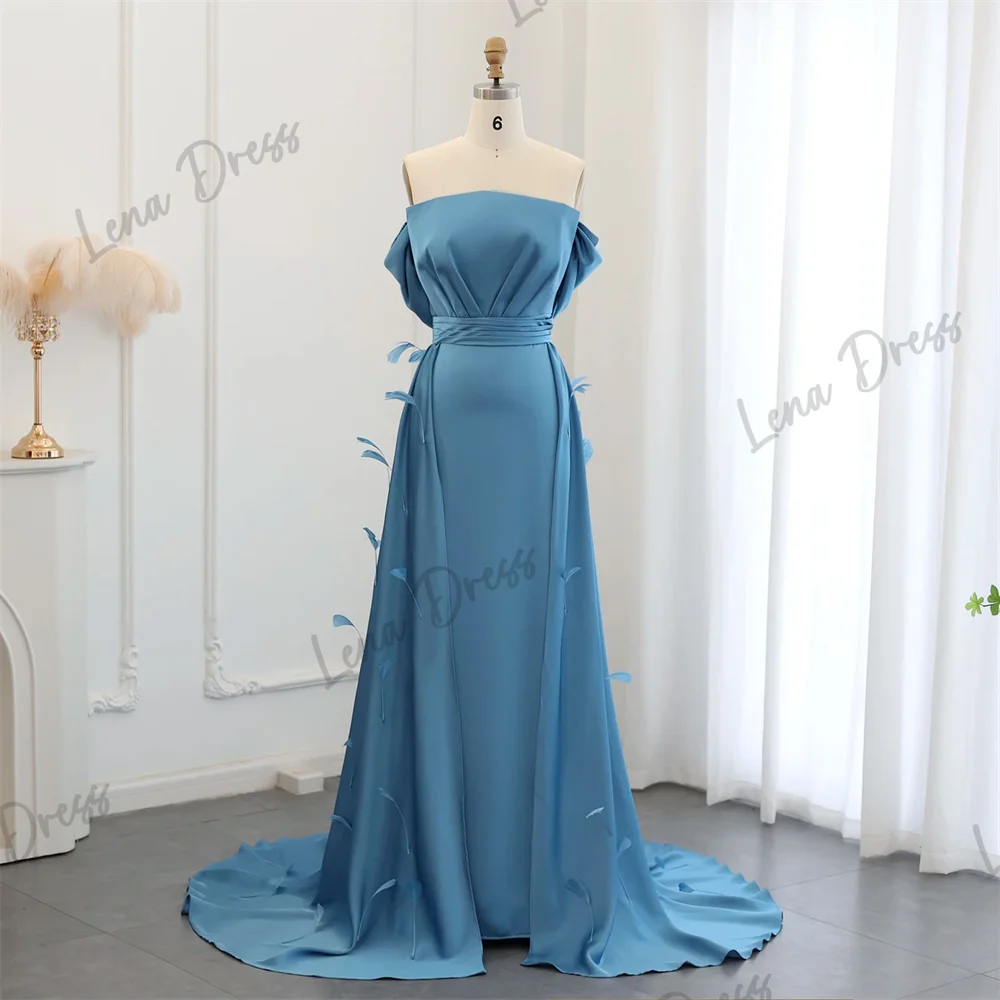 Lena Turquoise Blue Luxury Feather Dubai Evening Dress with Covering Skirt Cover Sleeves Arab Women's Wedding Party Dress