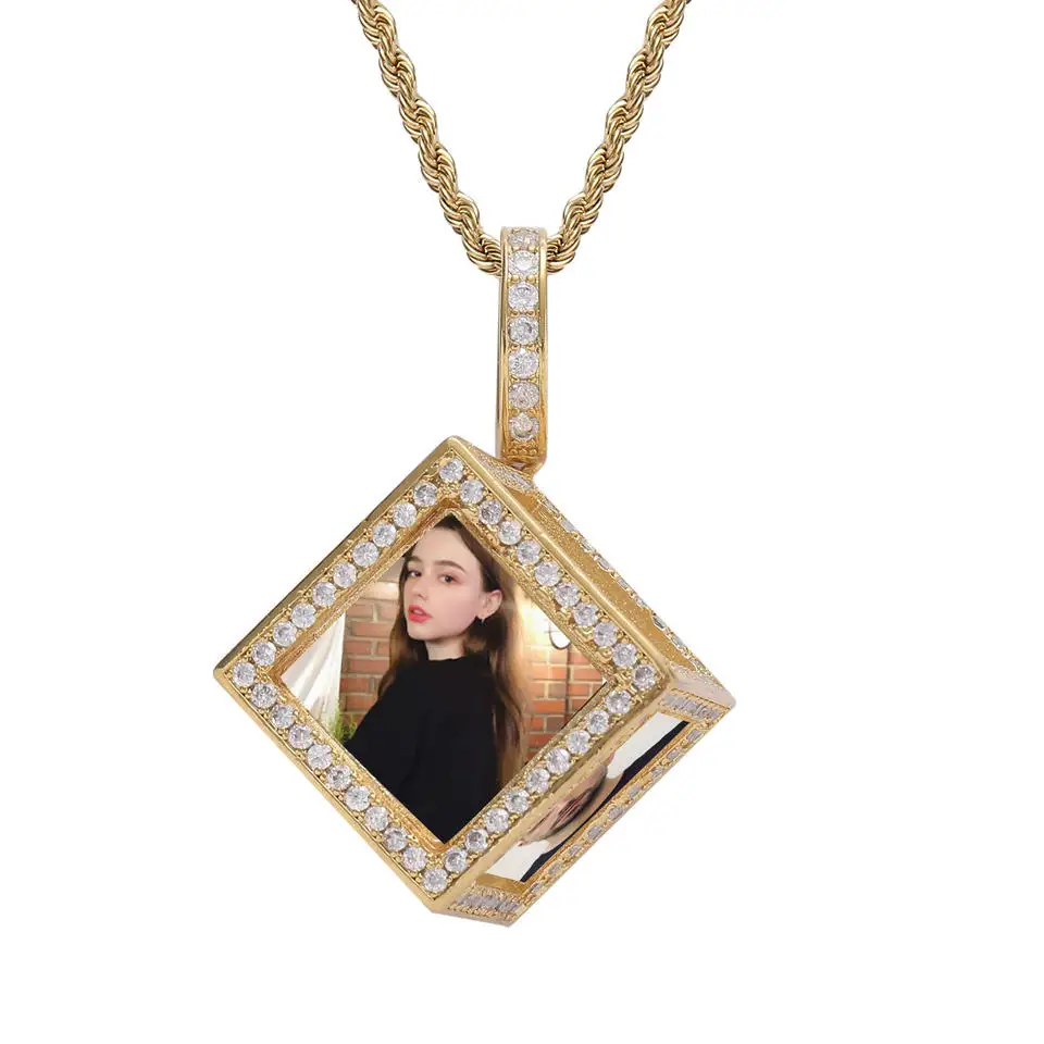 

Memory Hip Hop Jewelry Iced Out CZ Cubic Zirconia Medallions Custom Photos Square Customize Picture Cube Pendant Necklaces