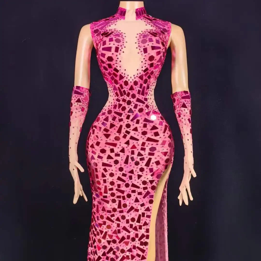 Impresionante vestido de lentejuelas con espejo y diamantes de imitación para mujer, vestido de actuación en escenario de cumpleaños con guantes, disfraz de Drag Queen, fotografía