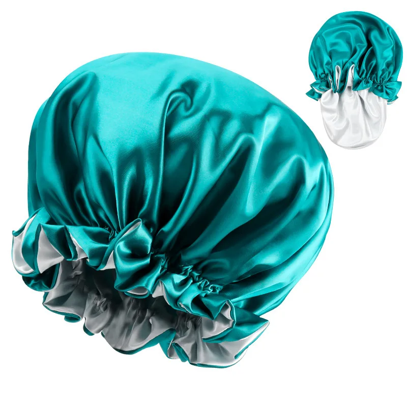 قبعة نوم كبيرة الحجم بطبقة مزدوجة من الدانتيل بلون سادة للعناية بالشعر، قبعة نسائية على شكل قبة من الحرير المقلد