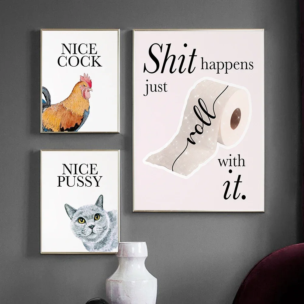 Bathroom Print Funny Toilet Roll Paper Canvas Painting Girl Profanity Poster Nice Pussy Nice Cock Letter Wall Art Pictures Decor