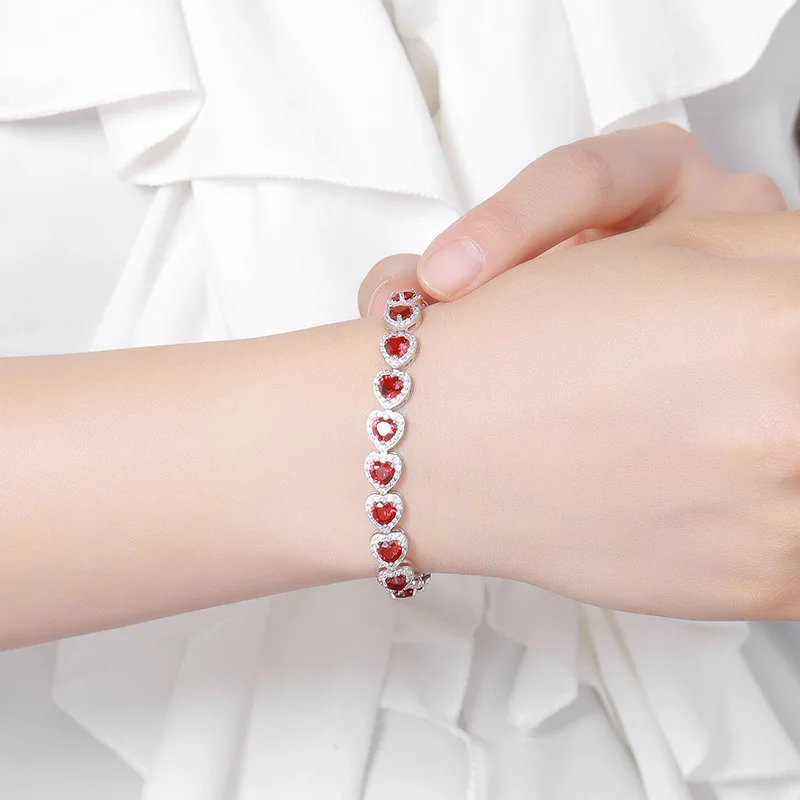 Luxury S925 Sterling Silver Full Ruby Red Lab Grown Tennis Bracelet for Women Heart & Oval Cut GRA Certified Party Fine Jewelry
