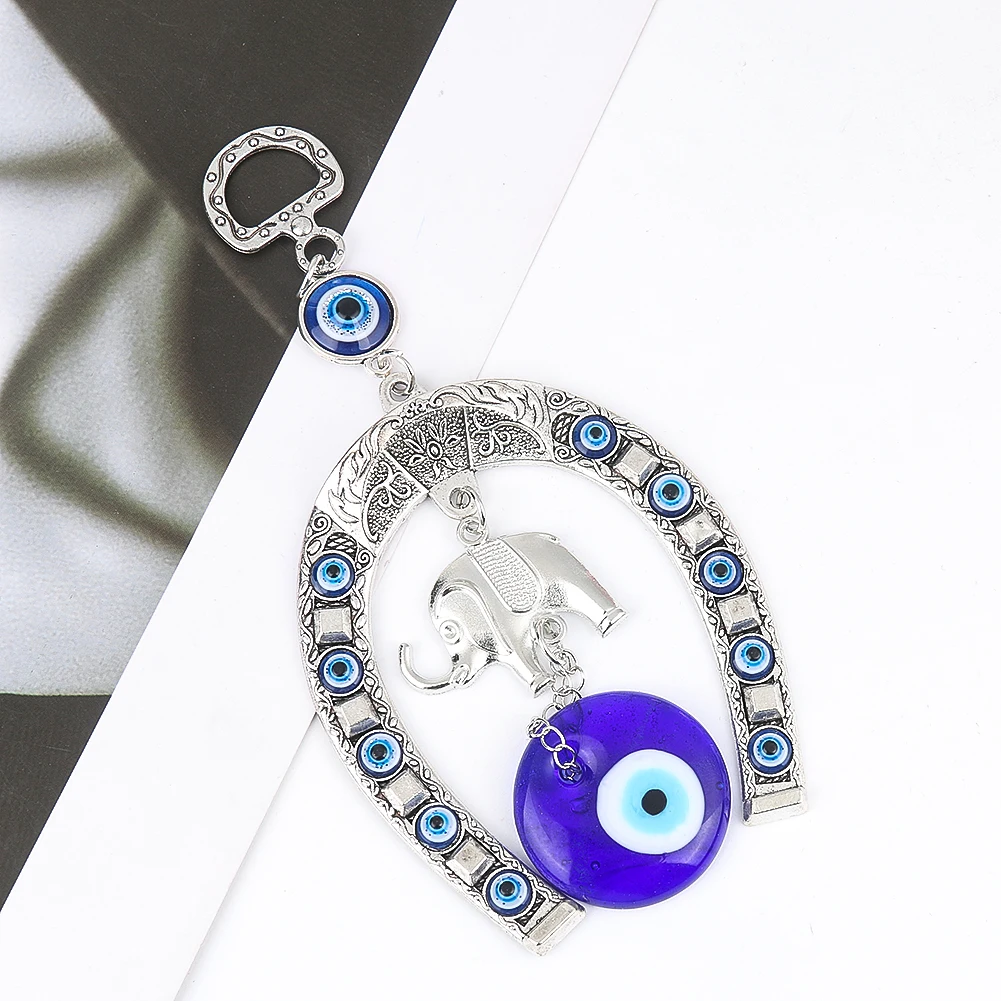 Turkish Glazed Blue Eye Horseshoe Elephant Alloy Wall Hanging Amulet Ethnic Lucky Gift Pendant Home Car Hanging Decor Jewelry