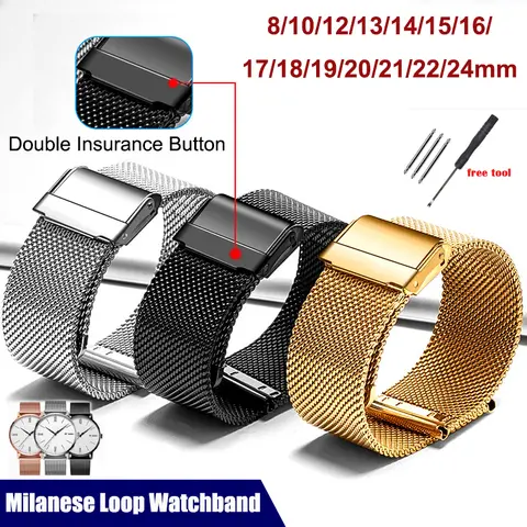 Correas de 8/10/12/13/14/15/16/17/18/19/20/21/22/24mm para correa de reloj milanesa de malla Seiko de 0,6mm para pulsera de acero inoxidable DW