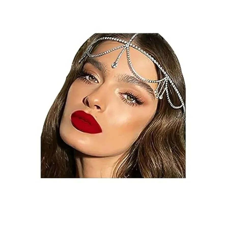 

NAISKA Silver Rhinestone Layered Head Chain Jewelry for Women Long Tassel Crystal Rhinestones Cap Headpiece Bridal Wedding Part