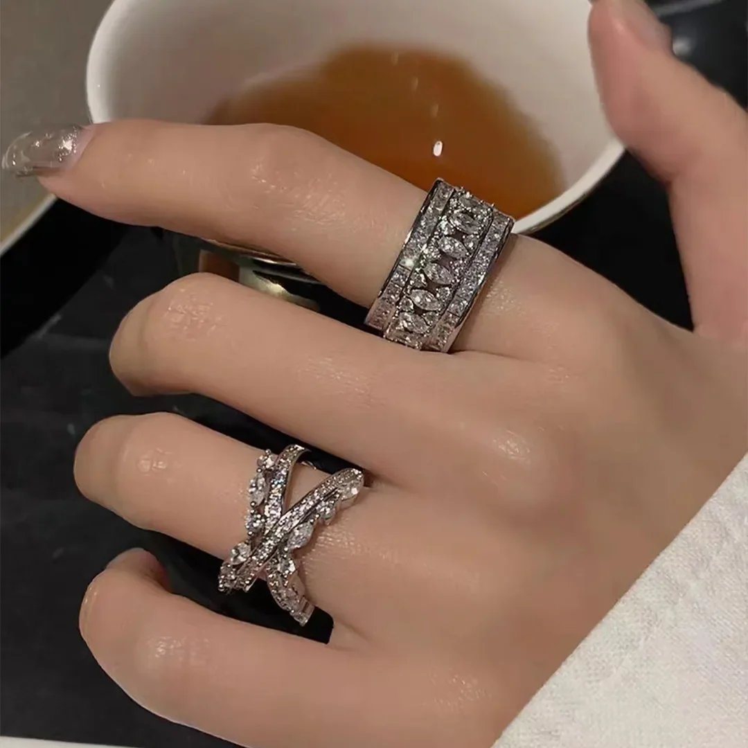 

Муассанит MDL. Стильное открытое кольцо с полным бриллиантом и крестом, многослойное Ins Tide, холодный ветер, широкая вспышка, циркониевые бриллианты