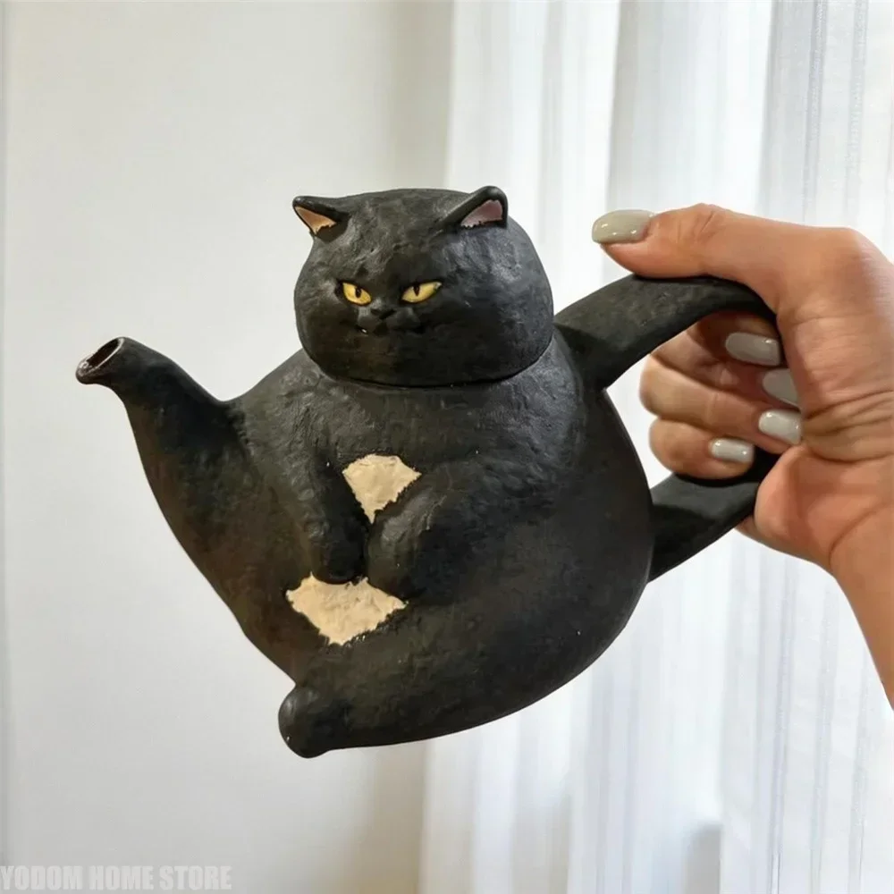 Cute Funny Cat Ceramic Tea Set, Handmade Animal Shape Pottery Tea Kettle with 2 Cups, Asian Style Home Decor Teapot