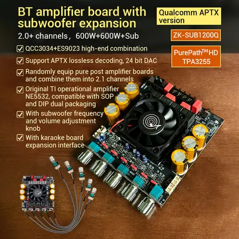 Qualcomm APTX Bluetooth Digitale Versterker Board ZK-SUB1200Q Subwoofer Uitbreiding 600W Dual TPA3255 Chips voor High Fidelity Sound