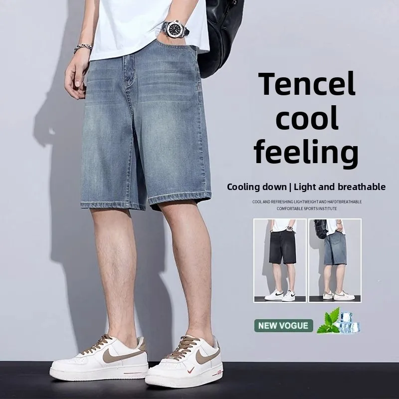 

High-End Men's Jeans orts Straight Leg Loose Fit Elastic Summer Outerwear Five-Quarter Thin Busin Casual orts