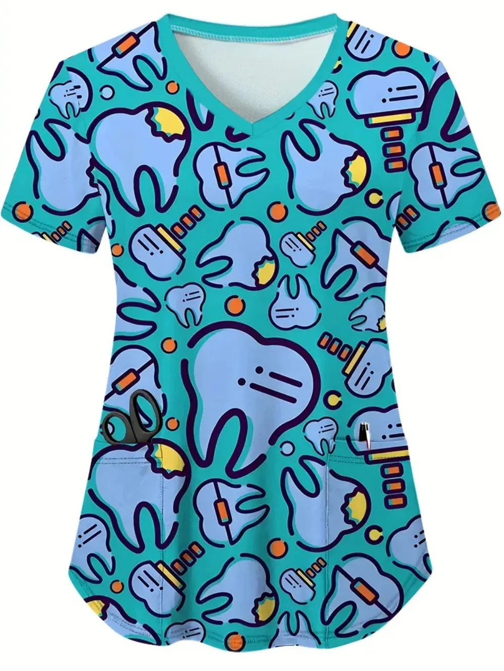 Uniforme clínico mulher com dentes de amor imprimir roupas médicas verão com decote em v casual azul moda manga curta esfrega mulher topos