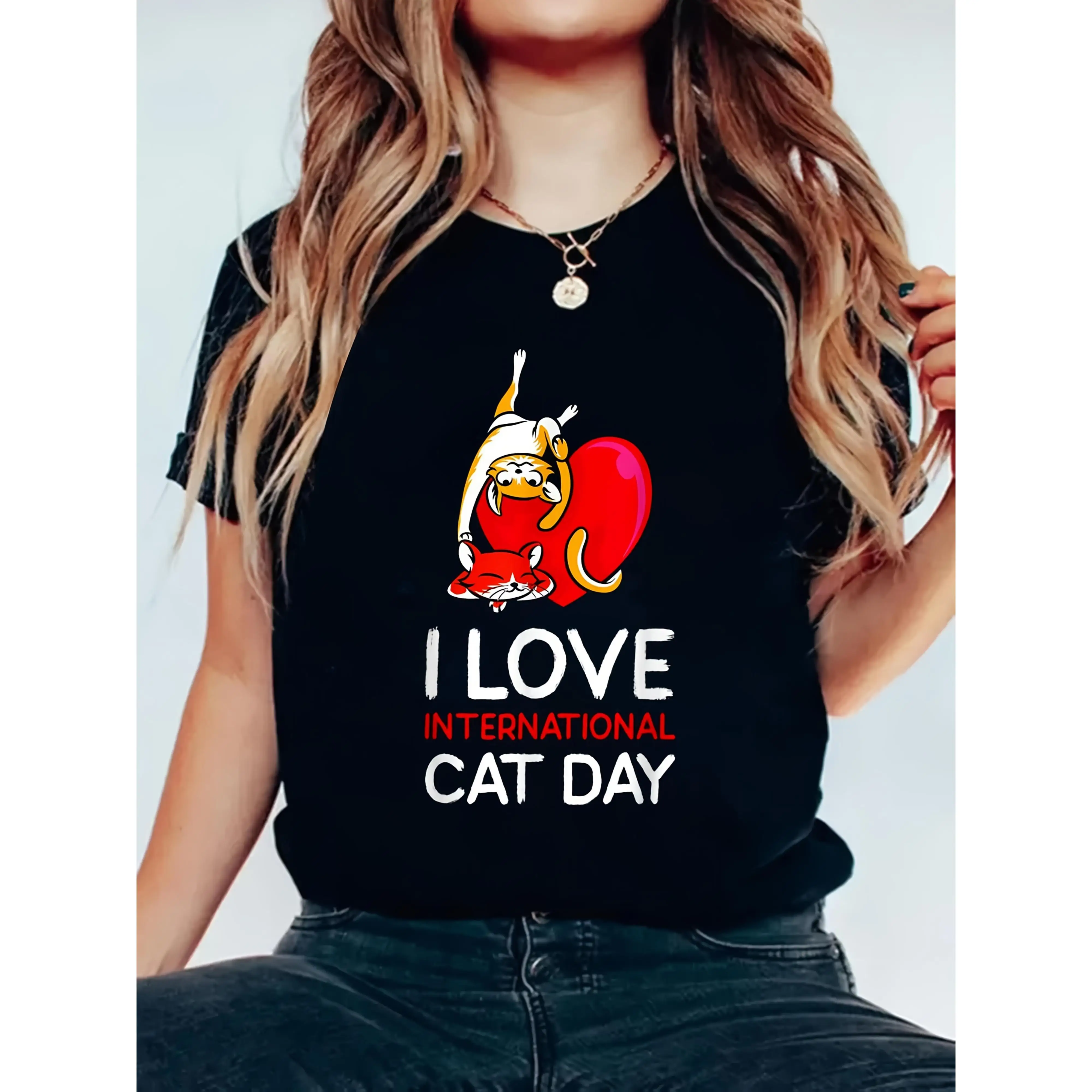 

Women's "I Love International Cat Day" T-Shirt | Cute Kitty Heart Graphic Tee | Feline Lover Pet Holiday Gift Top