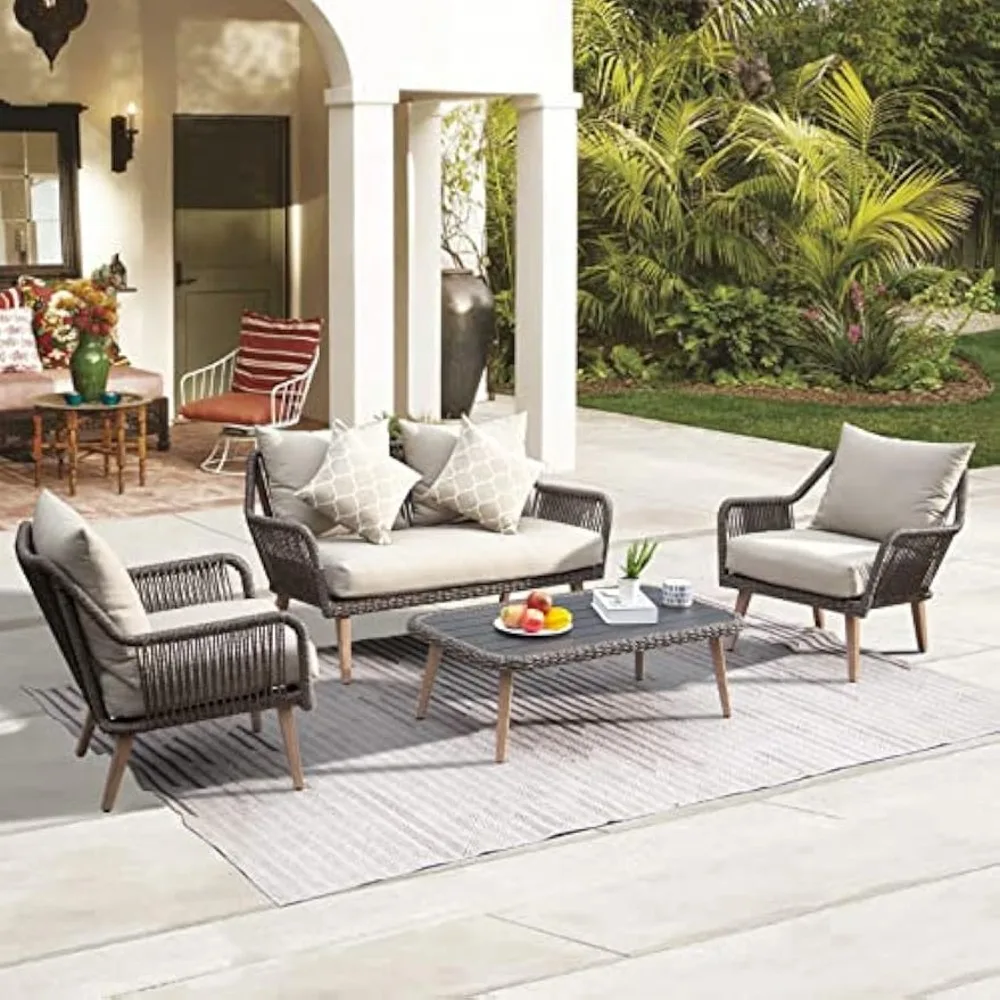 

Patio Furniture Set, 4 Pieces Rope Wicker Patio Set with Aluminum Frame, Outdoor sectional Sofa with Coffee Table, Outdoor