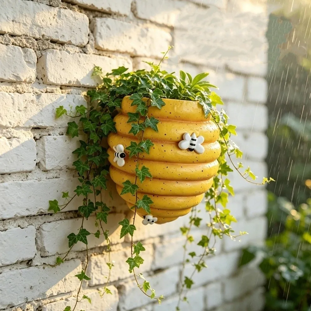 Creative Bee Embellishment Honeycomb Flower Pot Rustic Resin Hanging Vase Cartoon Wall Mounted Flower Pot Balcony Decor