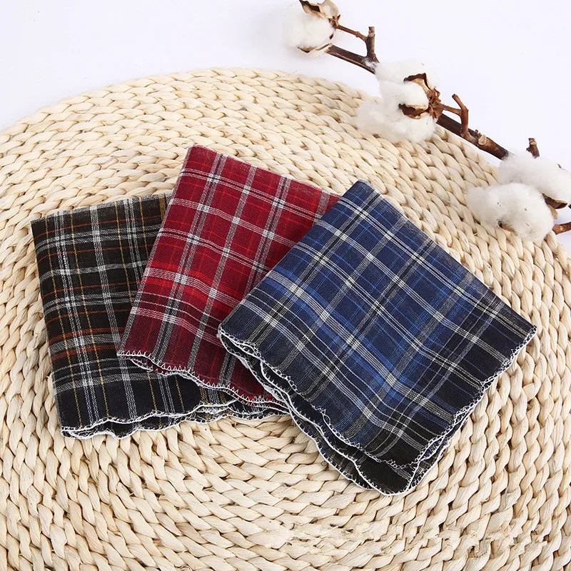 3Pcs/Pack 28x28cm Square Towel Men Business Polyester Cotton Plaid Classic Wiping Handkerchief