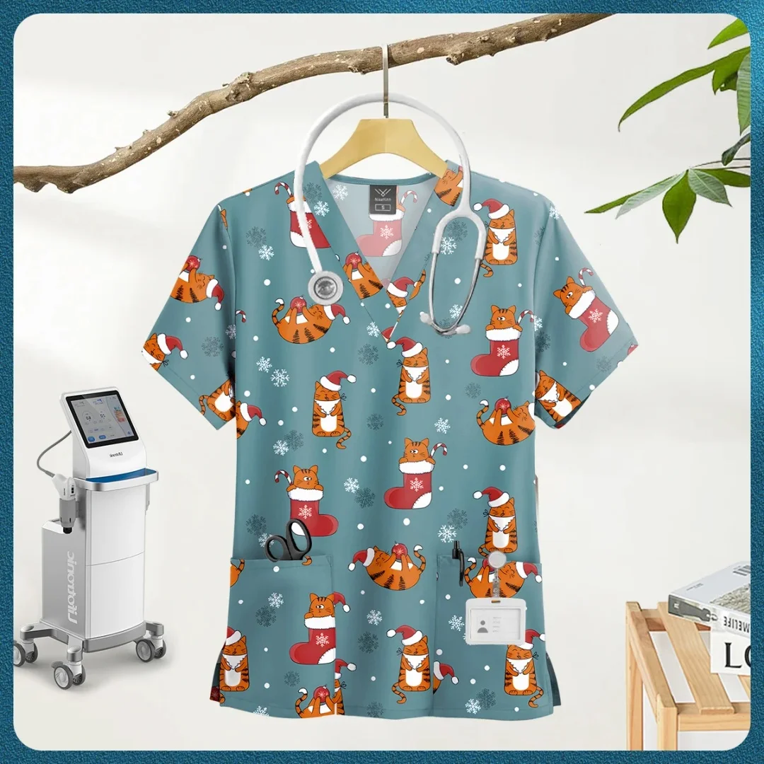 어린이용 동물 프린트 의료복 빠른 건조 통기성 반팔 상의 여름 여성용 루즈 캐주얼 간호사 유니폼