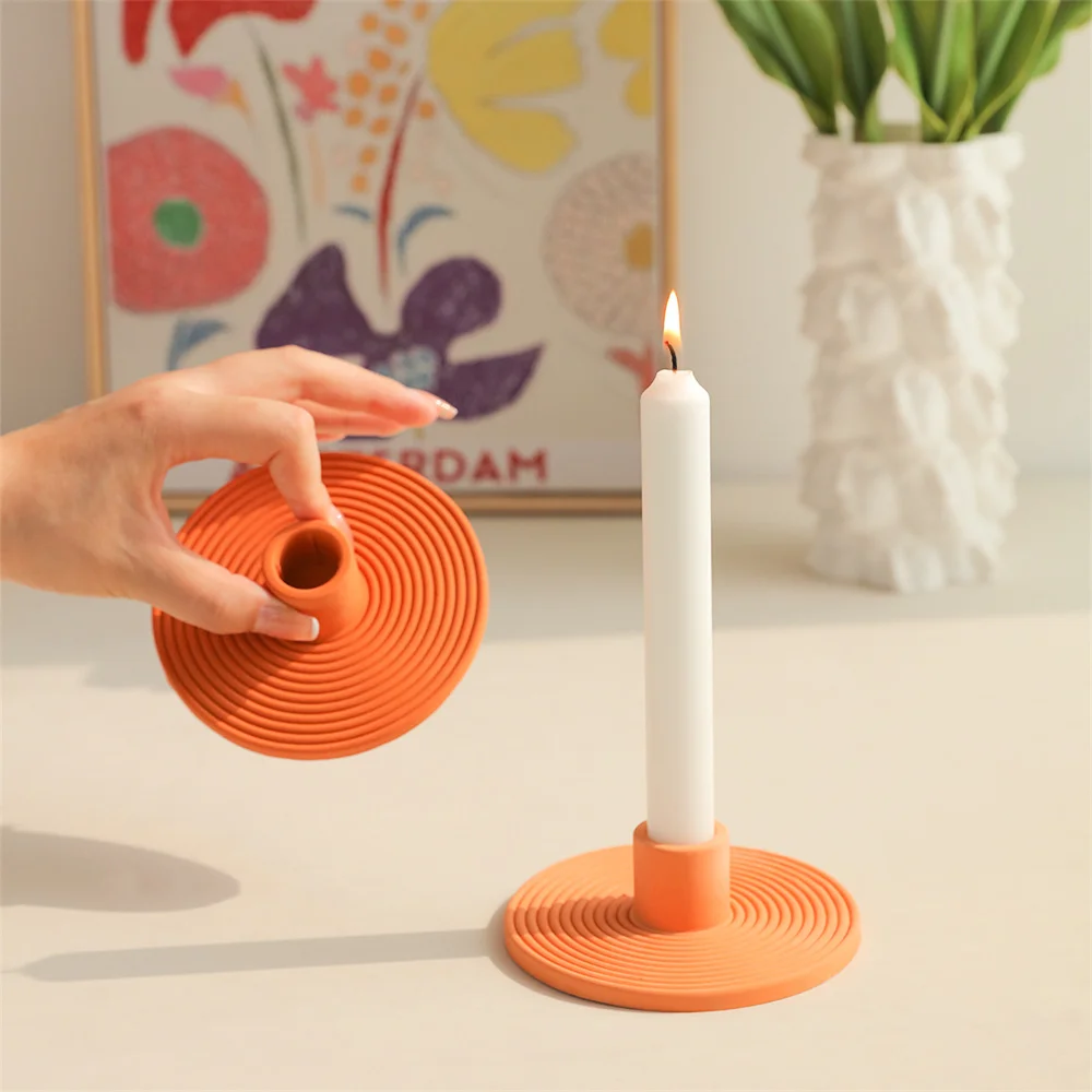 Concrete Candle Holder Silicone Mold Round Stripe Cement Candlestick Holder Making for Minimalist Design Home Decor Tool