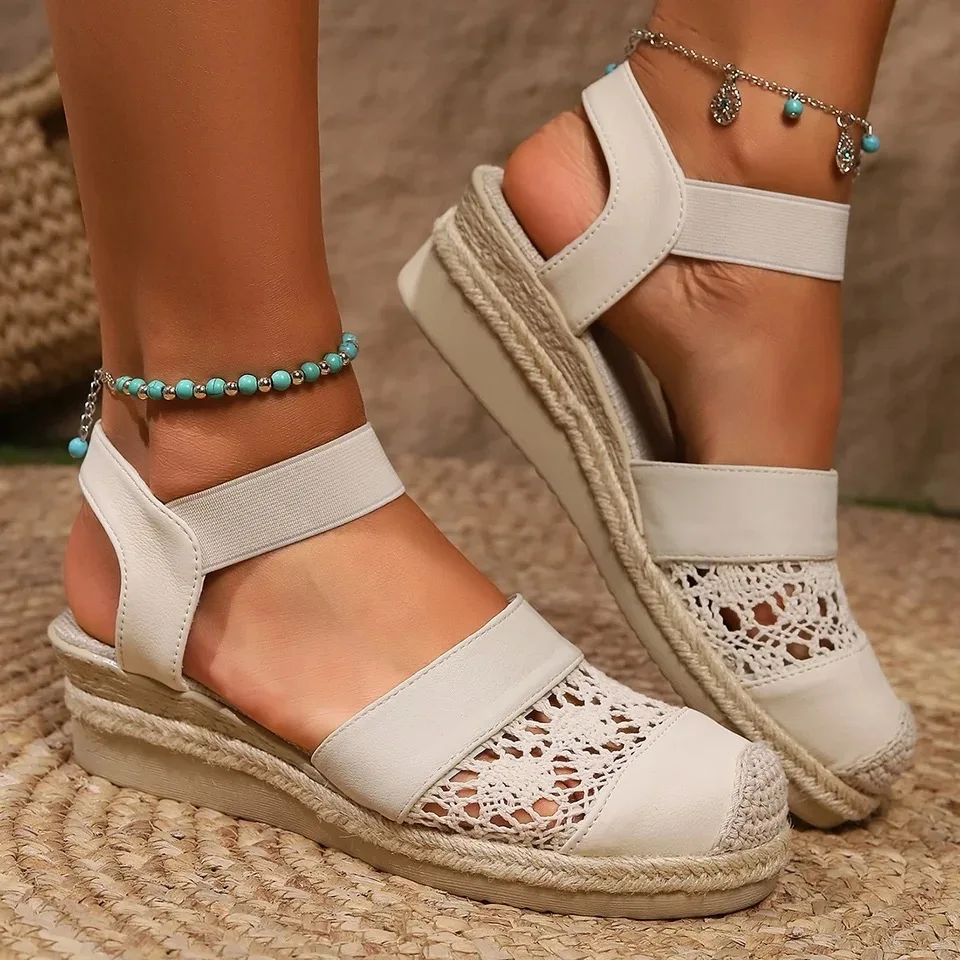 New Women Wedge Heel Espadrilles Toe Slingback Platform Shoes Braided Espadrille Ankle Strap High Heeled Sandals Plus Size 43