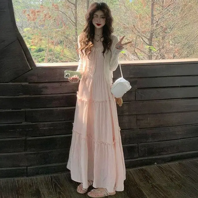 MAGOGO French Romantic Age-reducing Pink Lace Stitching Sleeveless Suspender Dress with Knitted Cardigan Two-piece Suit Women