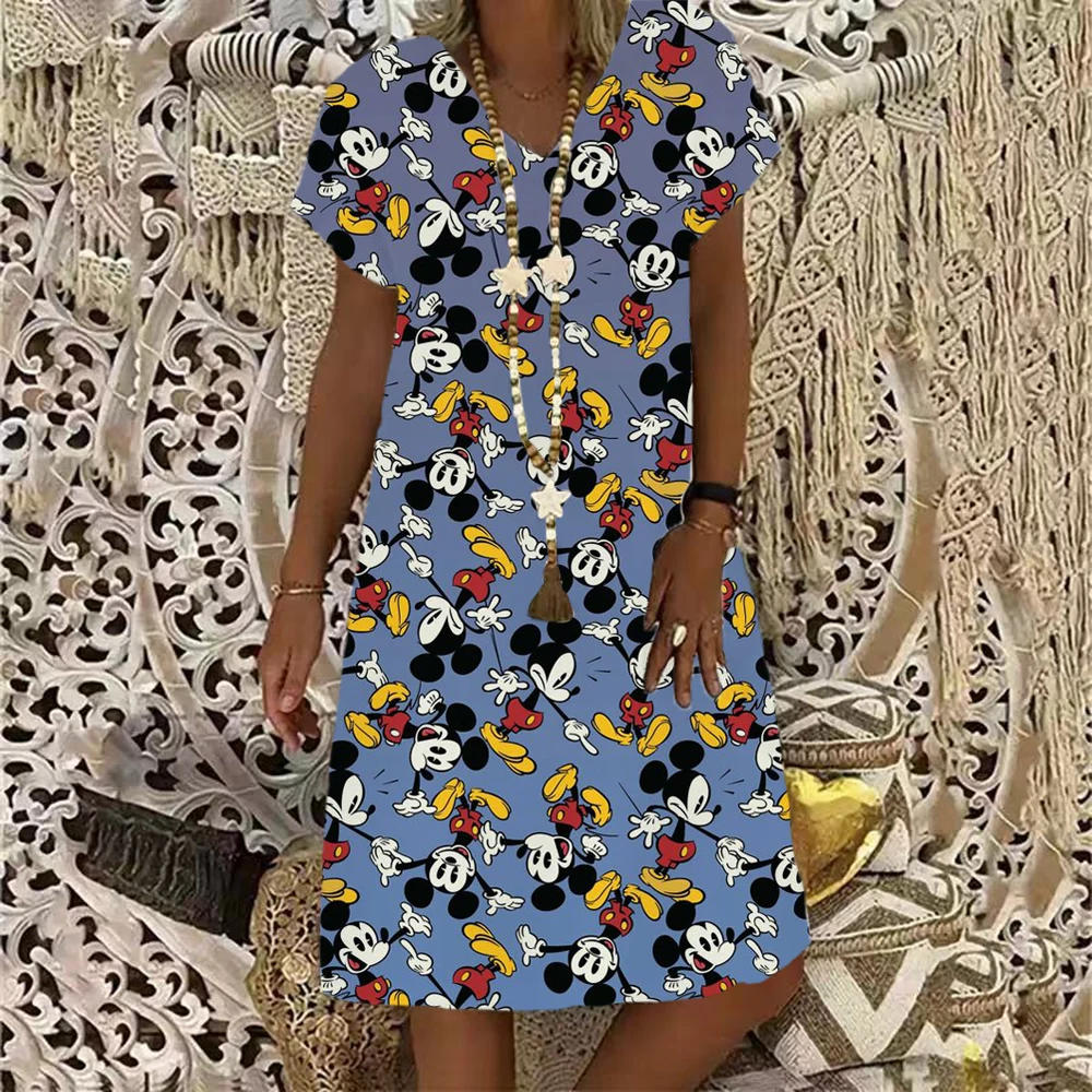 Disney Minnie Mouse Summer 3D Print Cartoon Dresses For Women 2024 V-Neck Casual Women's Beach Dress Cute Sexy Loose Beach