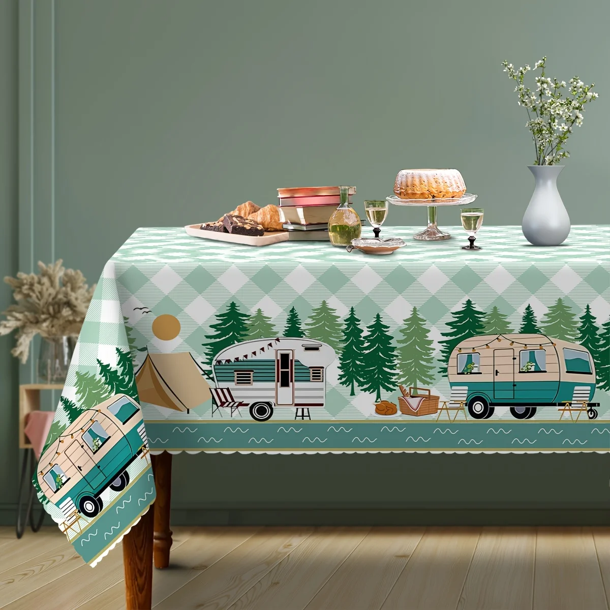 1pc, Camping Picnic Green Checked Tablecloth, Contemporary Style, RV And Campfire Patterns Rectangular Tablecloth, Camp Decoration, High Quality And Wrinkle-proof Scratch Proof Table Cover, Suitable for Indoor And Outdoor Party Lunch Dinner Use.