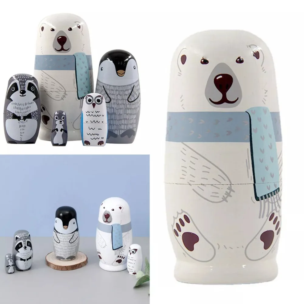 

5Pcs 6" Tall Russian Nesting Doll Polar Bear Handmade Stacking Dolls Toys Gift Home Decorations Matryoshka Ornaments for Kids