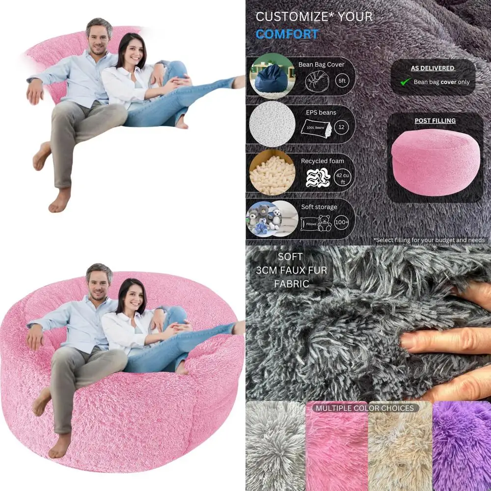 

Чехол на кресло-мешок из искусственного меха для взрослых и детей XL, для хранения вещей 5 футов, светло-розовый