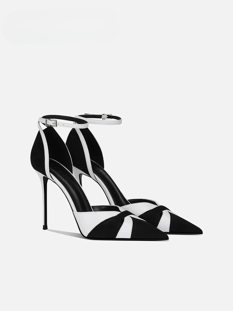 New pointed black and white color blocked women's slim heel sexy temperament sandals with a single buckle and hollow sole
