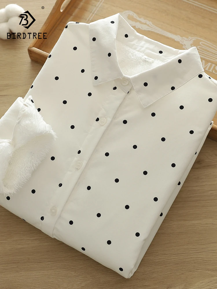 جديد 2025 الخريف قميص قطني بكم طويل الصوف ، المرأة بدوره إلى أسفل طوق نقطة الطباعة ، موري فتاة تخفيف بلوزة فضفاضة دافئة T5O852CC